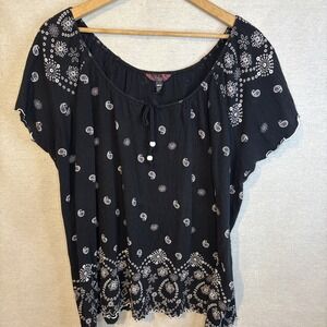 LA Blues Womens Plus Size 30/32 Top Flutter Sleeve Black‎ White Boho Stretch Fun